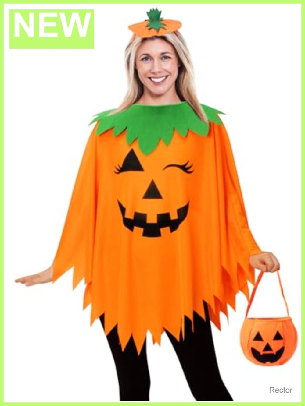 3 PC Pumpkin Costume Women's Halloween Poncho Headband Candy Bag